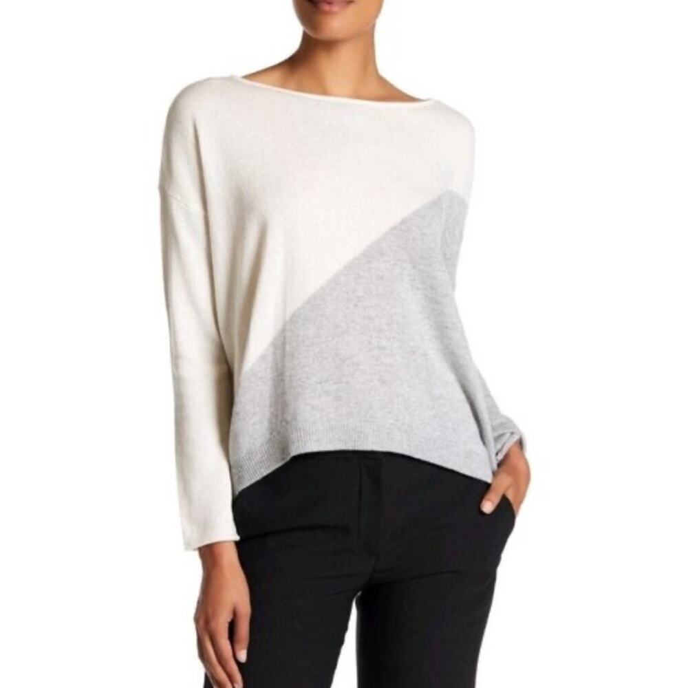Alice + Olivia Wool Abbie Colorblock Crewneck Sweater Small Ivory Gray Neutral